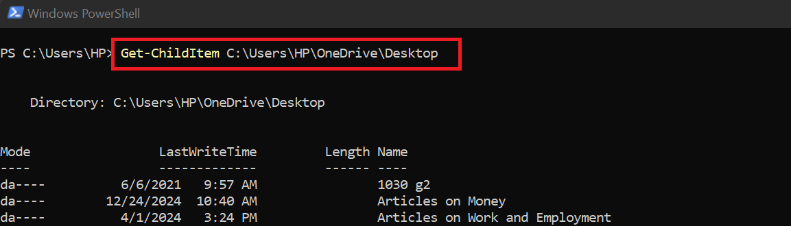 The Get-ChildItem command lists the contents of a directory, including files and subdirectories