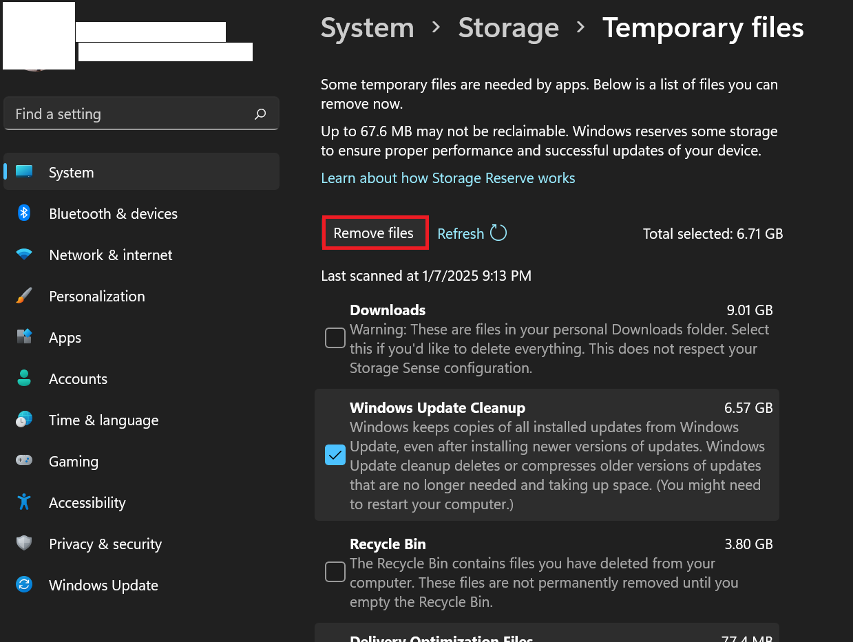 Carefully select the files that you want to delete and select Remove files