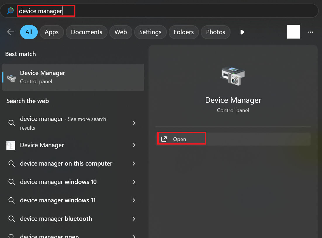 Search for device manager and open the corresponding application
