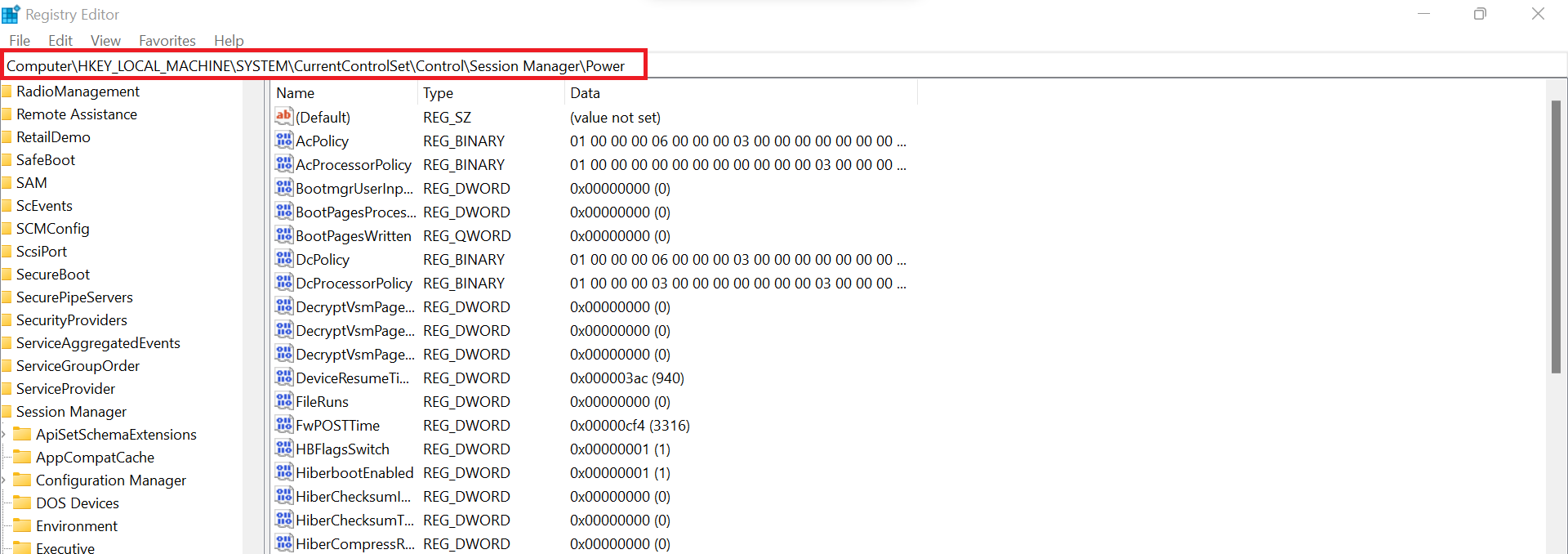 Navigate to the power settings by pasting this path in the address bar: HKEY_LOCAL_MACHINESYSTEMCurrentControlSetControlSession ManagerPower