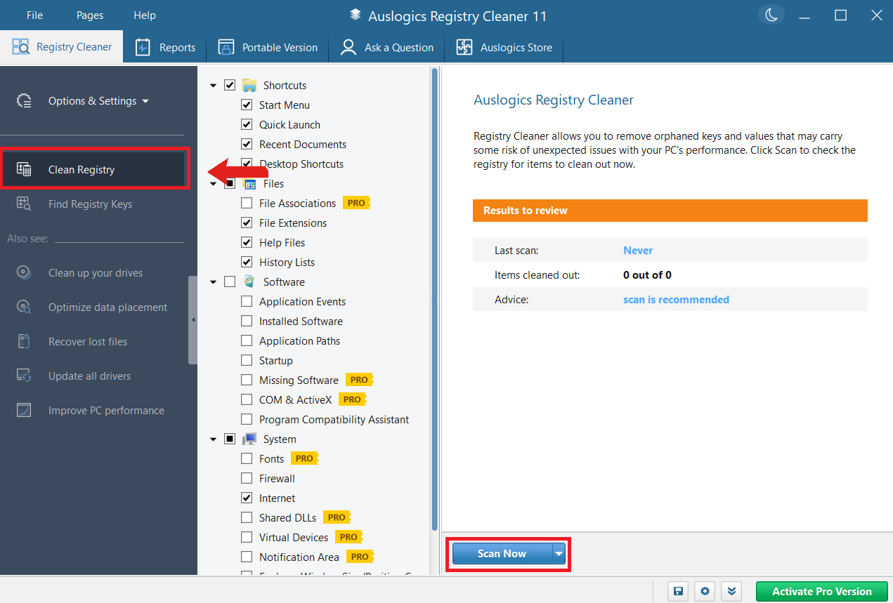 click “Scan Now,” and the Auslogics Registry Cleaner will take care of the rest