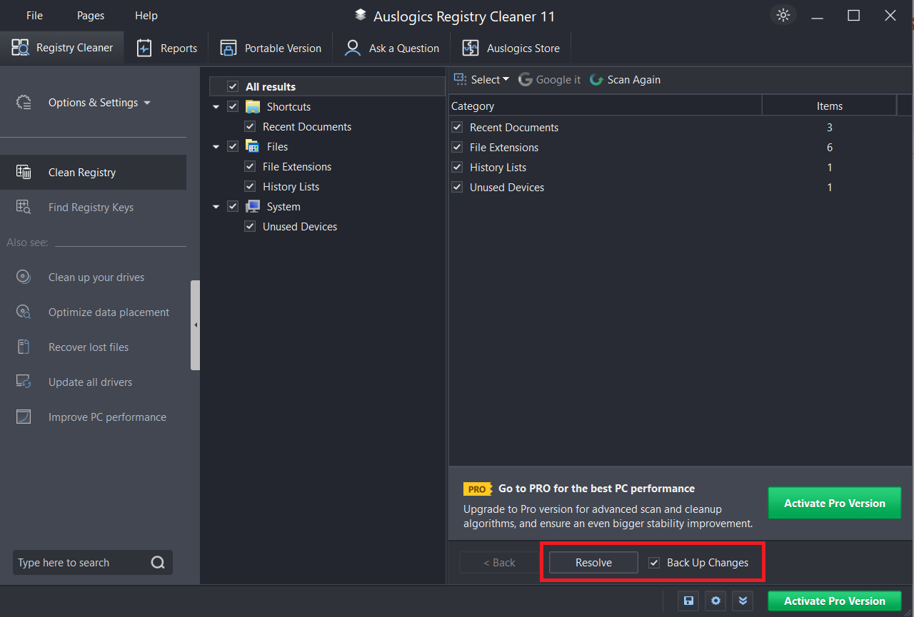 Choose Back Up Changes and click Resolve