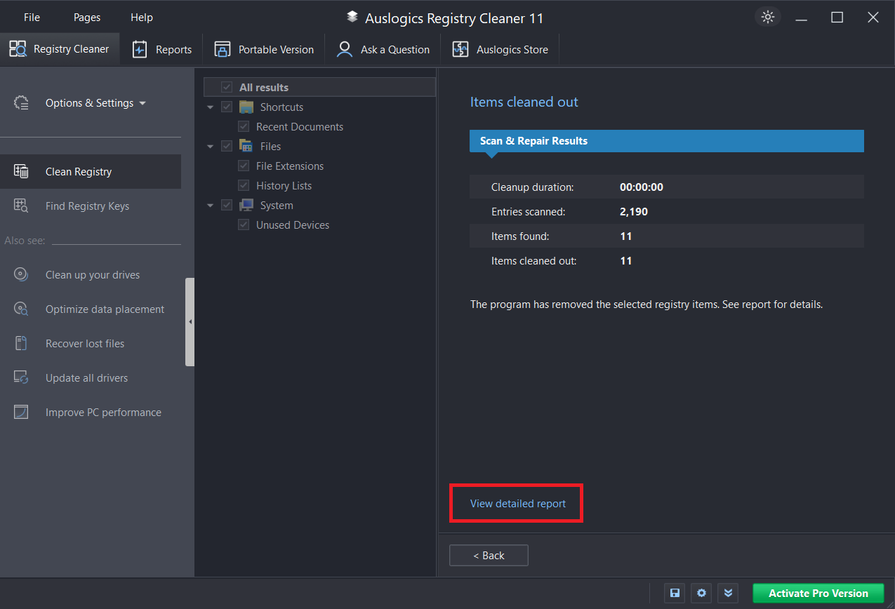 Click on view the detailed report to get a detailed overview of everything the registry cleaner found and deleted