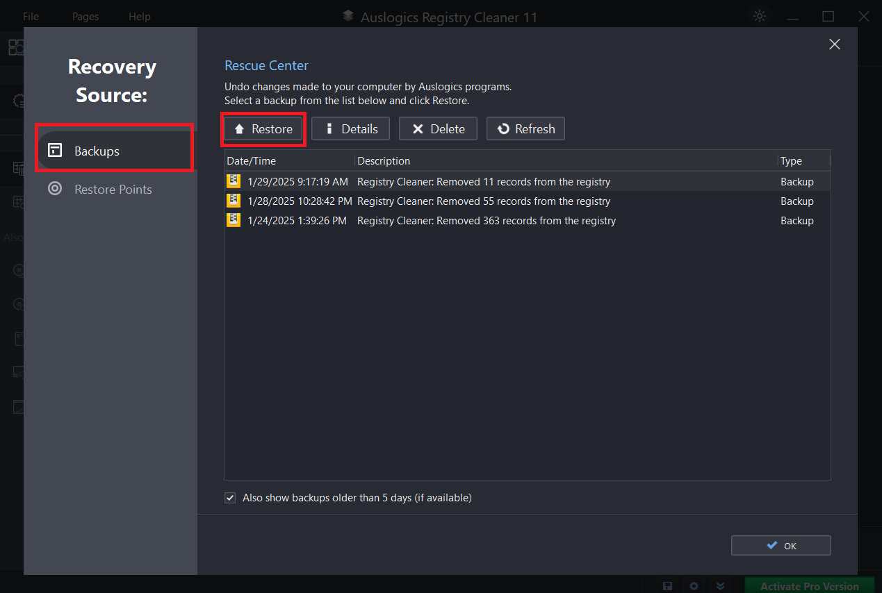 Click Restore