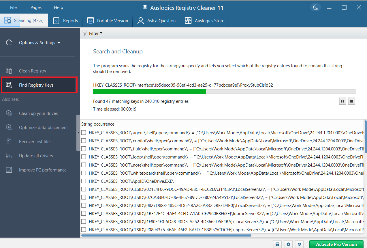 Simply type in your search term and hit the “Search” button to get started. For example, in the screenshot below, I entered “OneDrive” and it pulled up all matching keys in the registry
