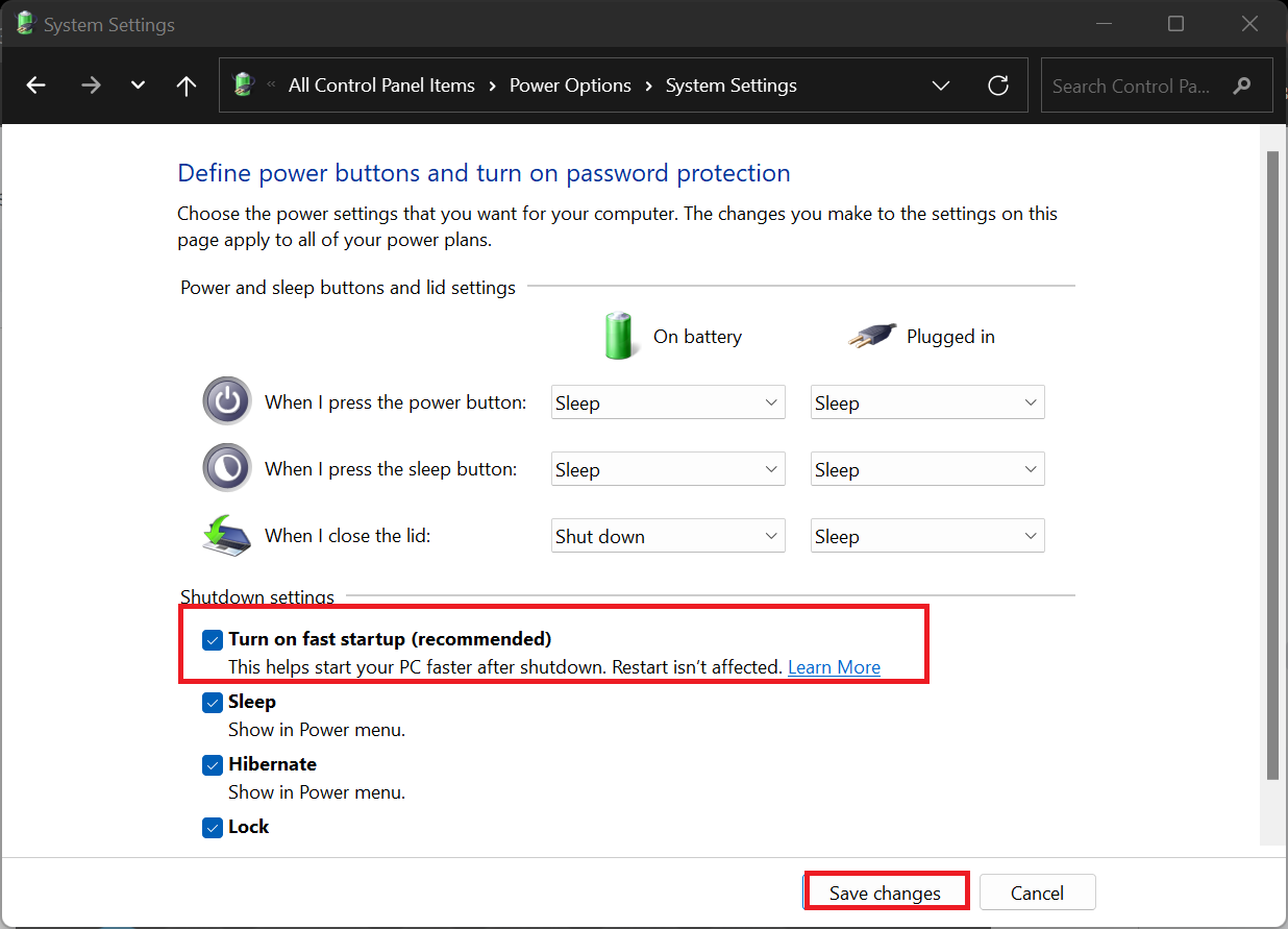 Check the box next to Turn on fast startup (recommended)