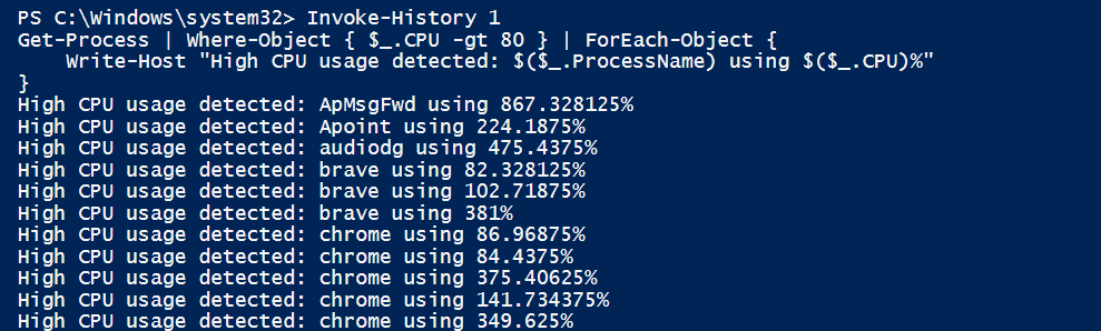 After running Get history, you can pick the command you want to re-run and add the number after Invoke-History this way