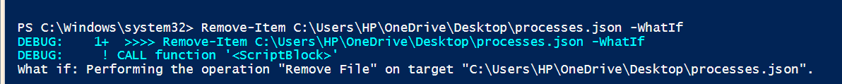 The Remove-Item C:ImportantFile.txt -WhatIf command shows you what would happen without deleting the file