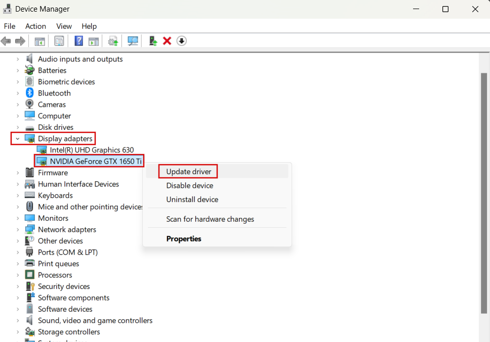 Expand Display adapters and locate your NVIDIA GPU. Right-click on it and select Update driver