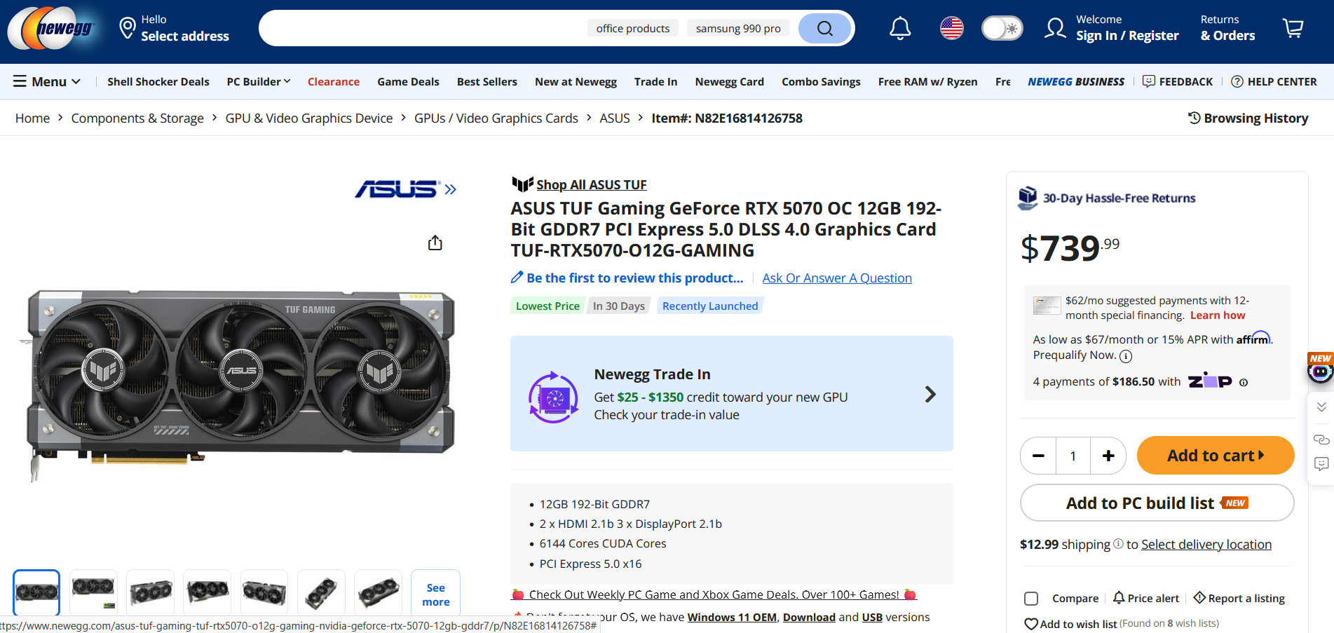 RTX 5070 listing on Newegg