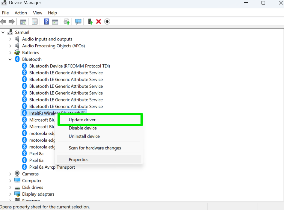 Right-click the Bluetooth device and select the Update driver option