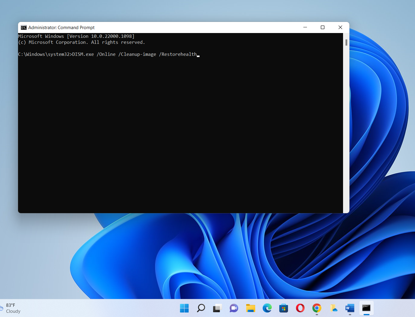 After the Command Prompt window opens, type the following: DISM.exe /Online /Cleanup-image /Restorehealth