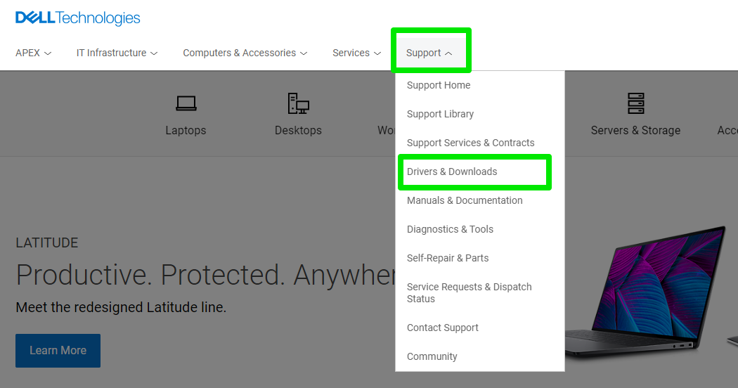 Select Support and click Drivers & Downloads