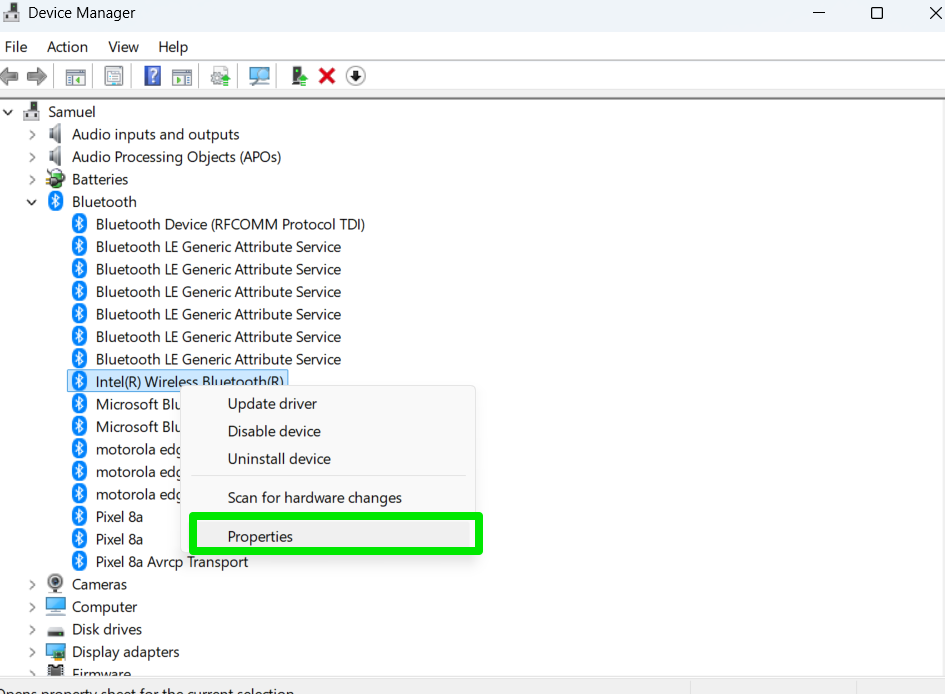 Right-click your Bluetooth device and select Properties