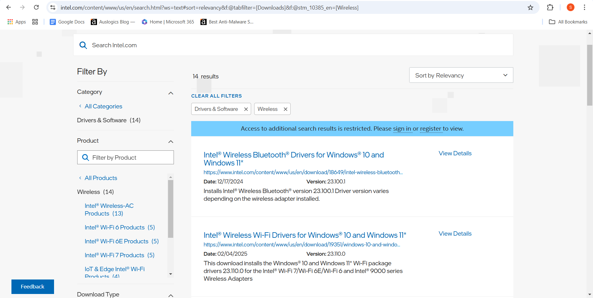 Select Intel Wireless Bluetooth for Windows 10 and Windows 11