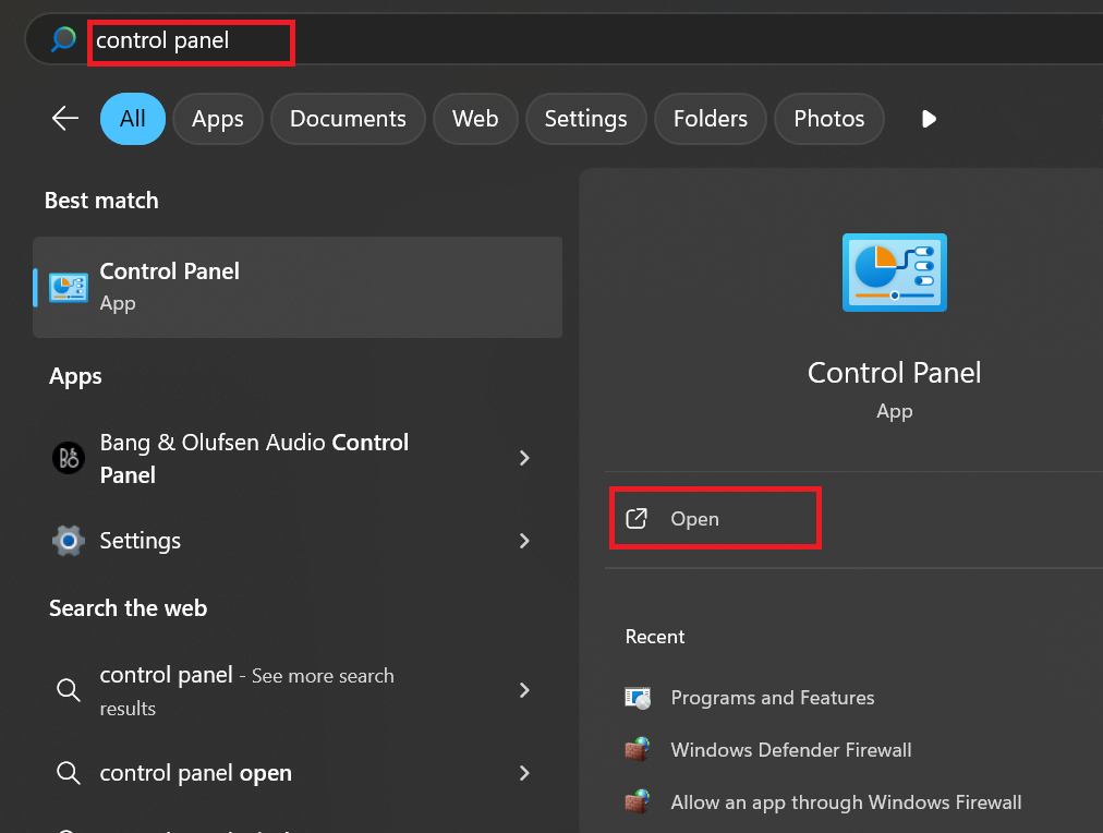 Open Start menu, type control, and launch the Control Panel