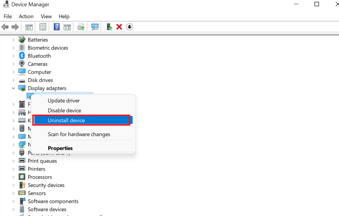 Go to the device category and right-click the AMD device. Select Uninstall Device