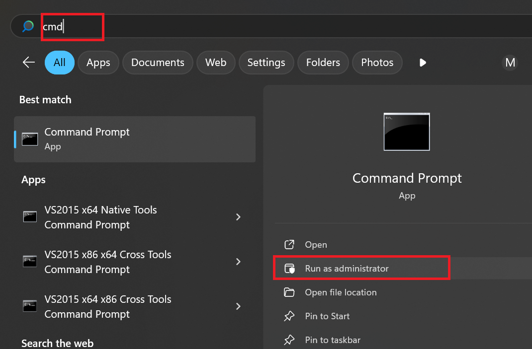 Tap the Windows key to open Start, type CMD, and click Run as Administrator