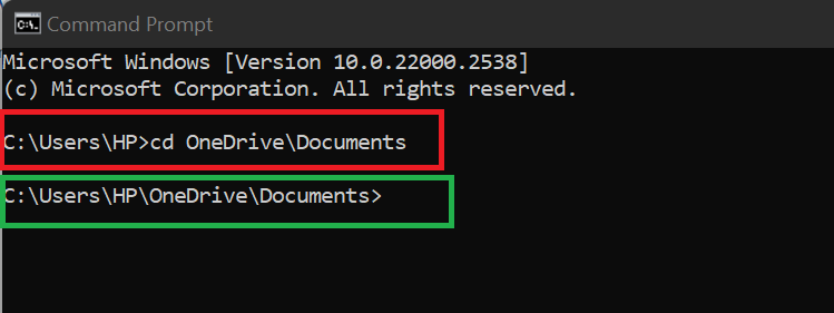 navigate to the Documents directory within the OneDrive folder using the following command: cd C:directory_pathDocuments