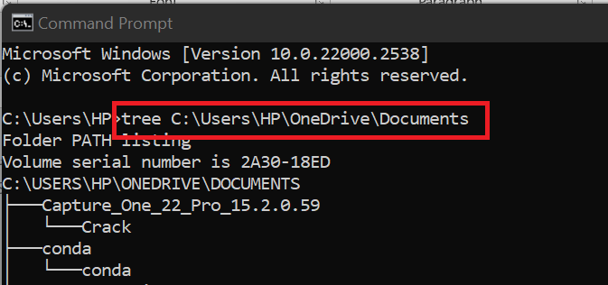 For example, to view the structure of the Documents folder, use: tree C:directory_pathDocuments