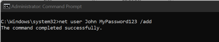 this command creates an account for John with the password MyPassword123