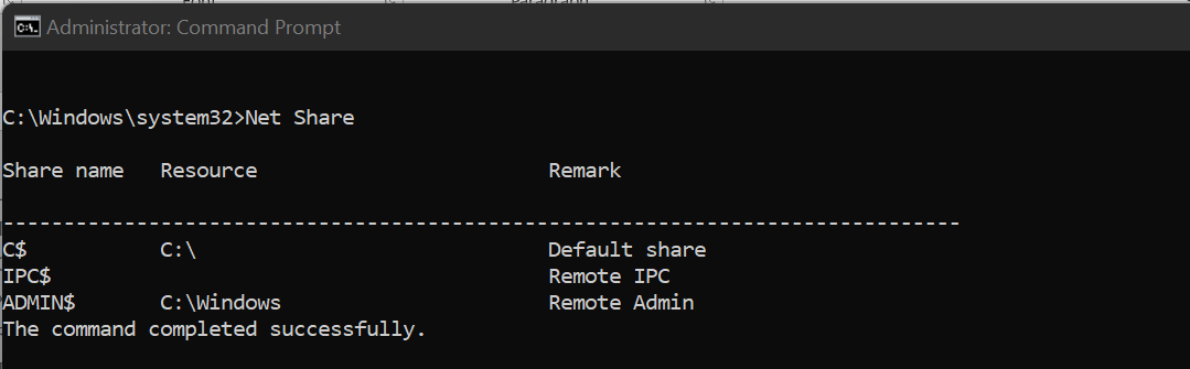 By typing net share, you can view all the resources currently shared from your PC