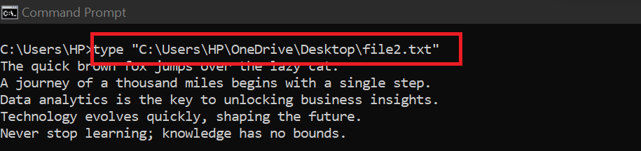 The type command is used to display the contents of a text file directly in the Command Prompt