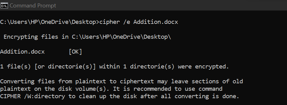 To encrypt a file in the current folder, use: cipher /e file_name