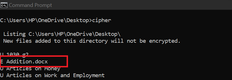 After running this command, the file’s status changes from U to E, meaning it is now encrypted