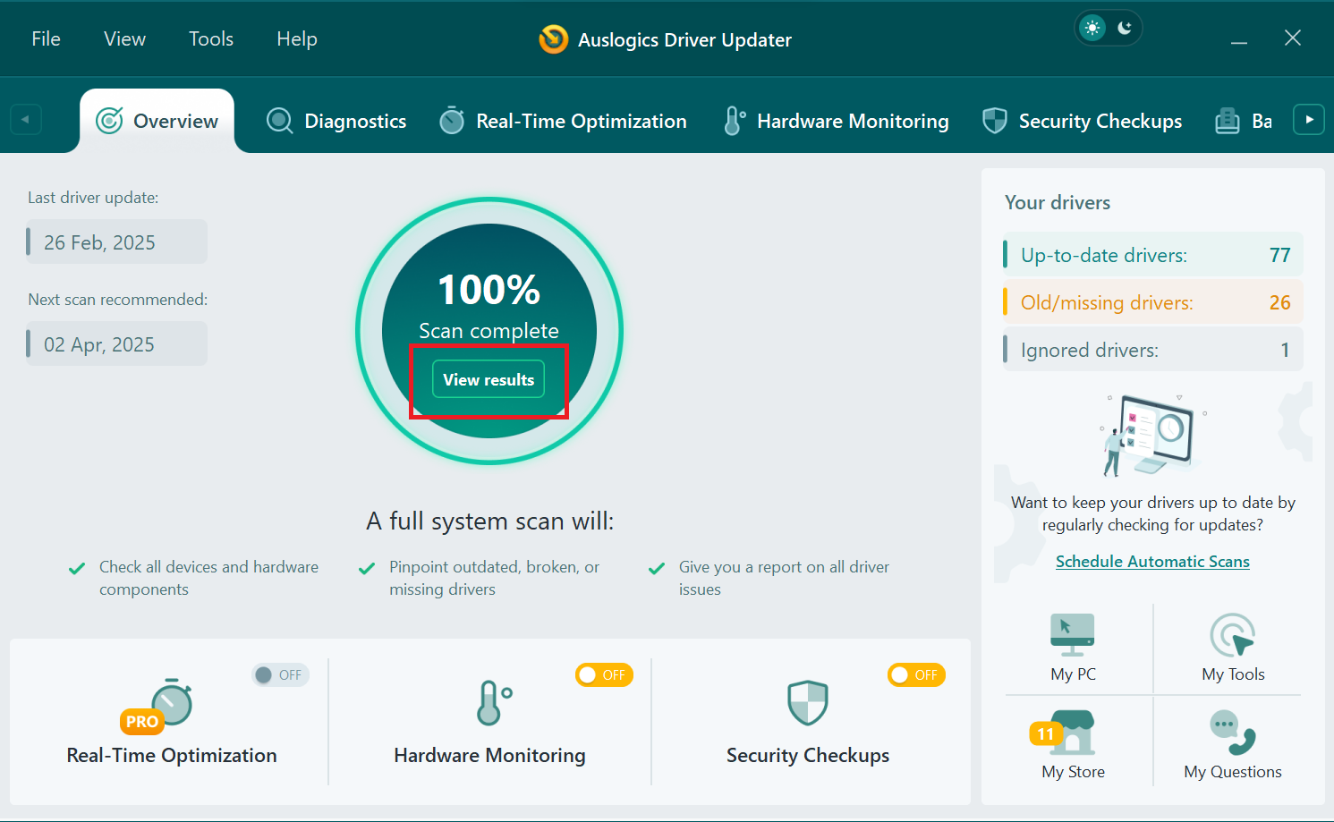 When the scan is complete, click on View results to see a list of your outdated drivers
