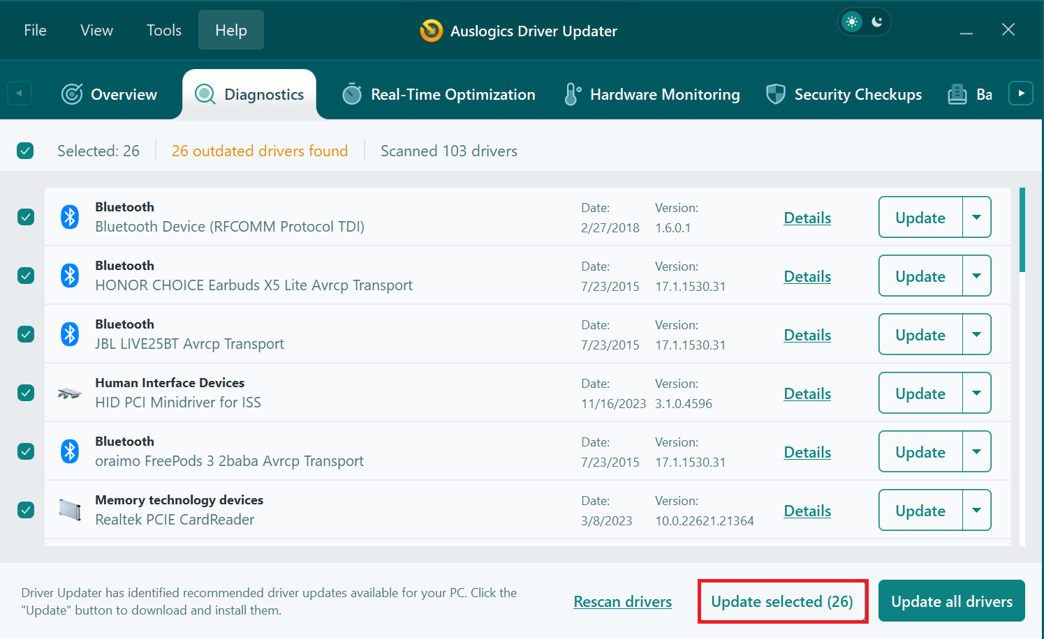 When you see your outdated drivers, you can click Update next to the driver you want to update
