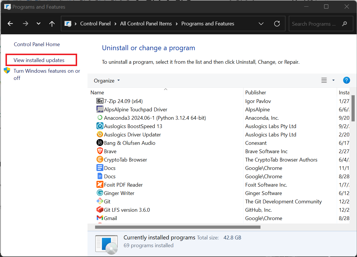 Go to the left side of the Programs and Features page and click View installed updates