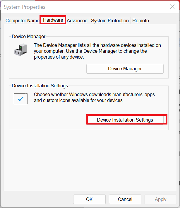 Go to the Hardware tab and click Device Installation Settings