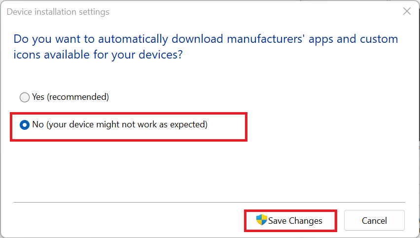 Select No, then click Save Changes