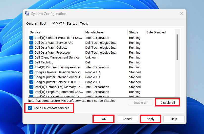 Click on the Services tab and check the box beside Hide all Microsoft services option, and select Disable all