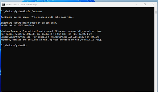 Once the prompt is complete, type sfc /scannow and hit the Enter key