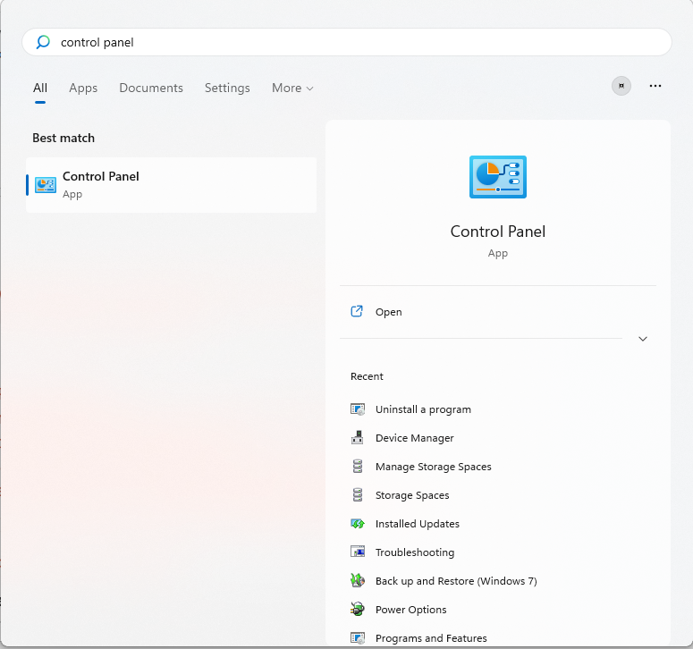 Click Open on the Control Panel option