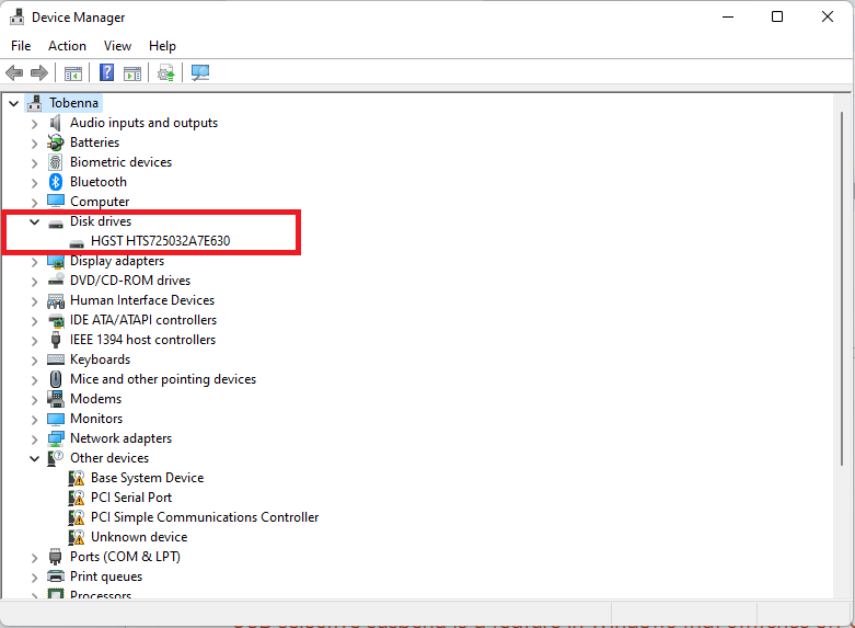 Under Disk drives, right-click on your device and click on Uninstall device