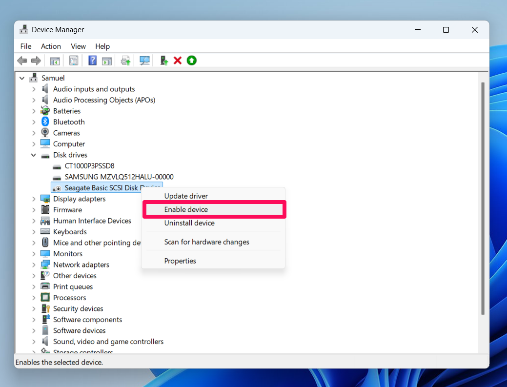 If your drive is listed, right-click on it and click on Enable device