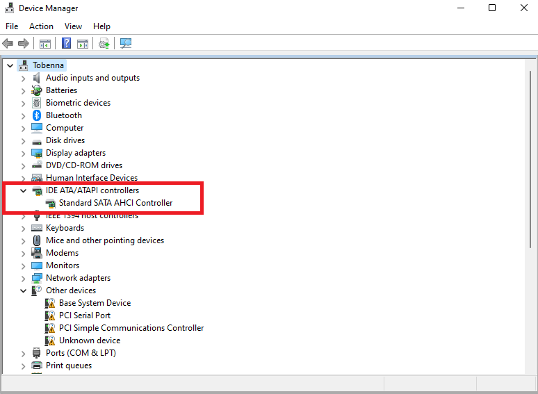 locate IDE ATA/ATAPI controllers and click the drop-down arrow to expand it