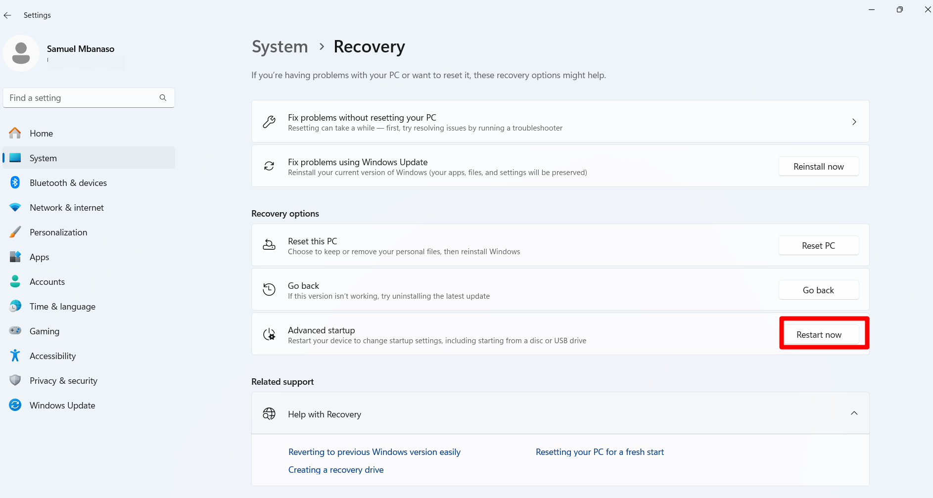 Click the Restart now button next to Advanced startup