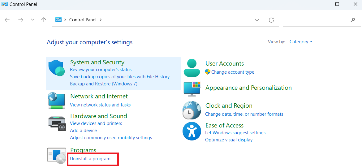 Select Uninstall a program under Programs