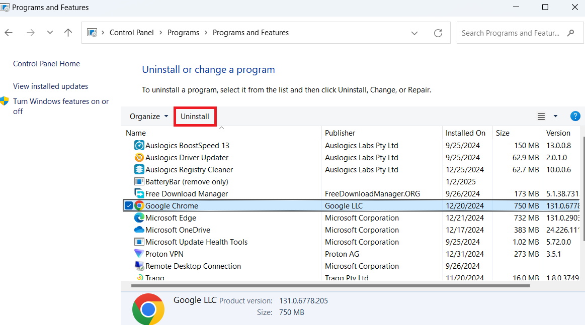 Select it and click the Uninstall button