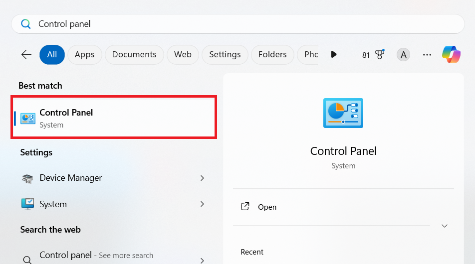 Open Control Panel from the Windows search