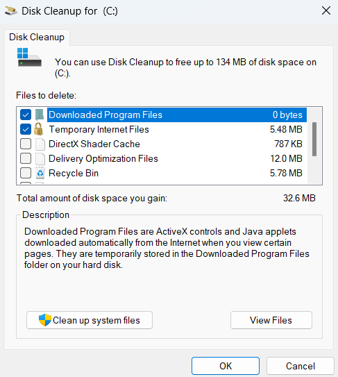 Under Files to delete, select the files you want to remove and click OK