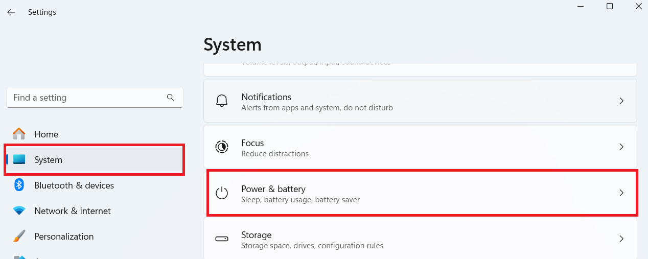 Open the Settings app (Windows + I) and click on System. On the left pane, navigate to Power & sleep