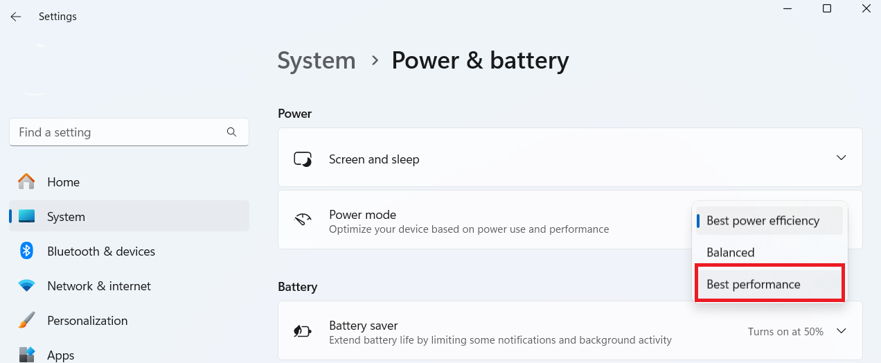 Click on Power Mode and select Best performance