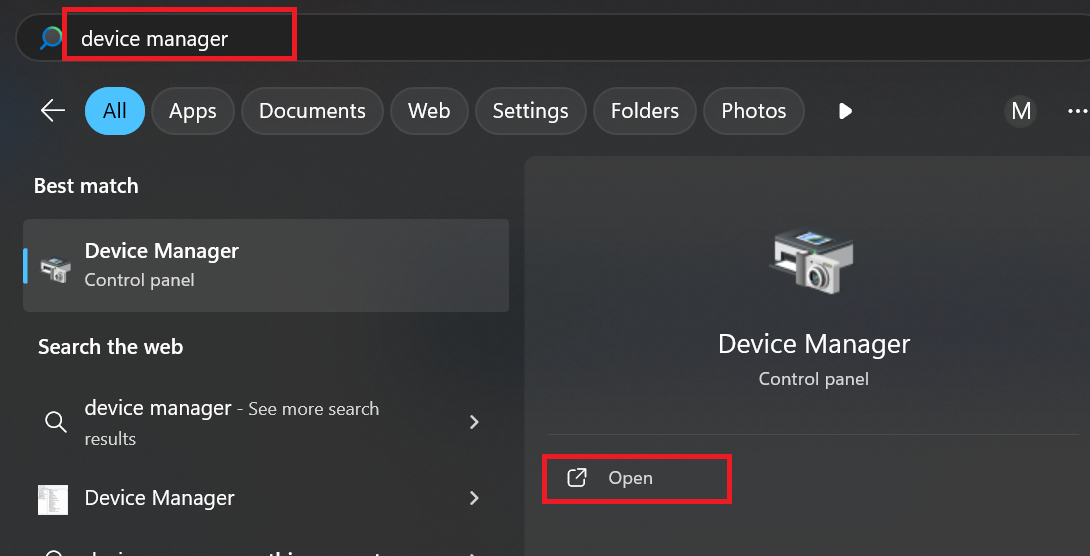 Type Device Manager Windows search and open the app