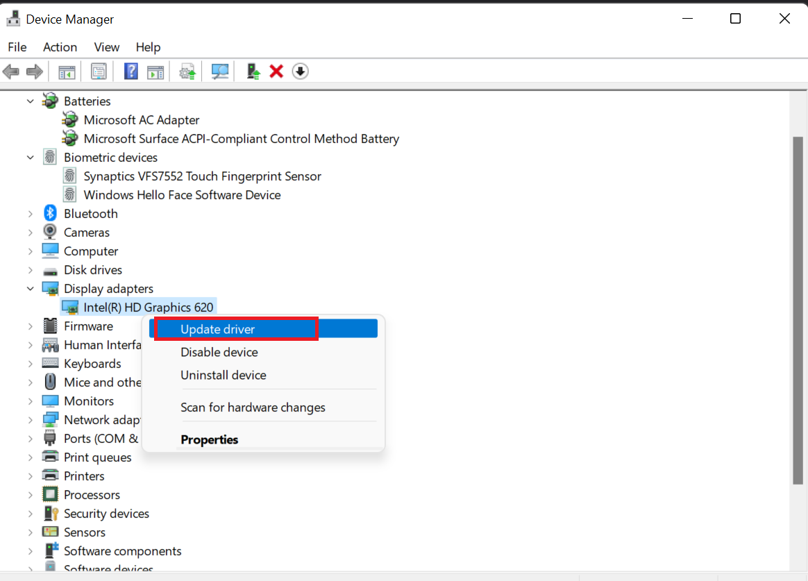Right-click the device and choose Update driver