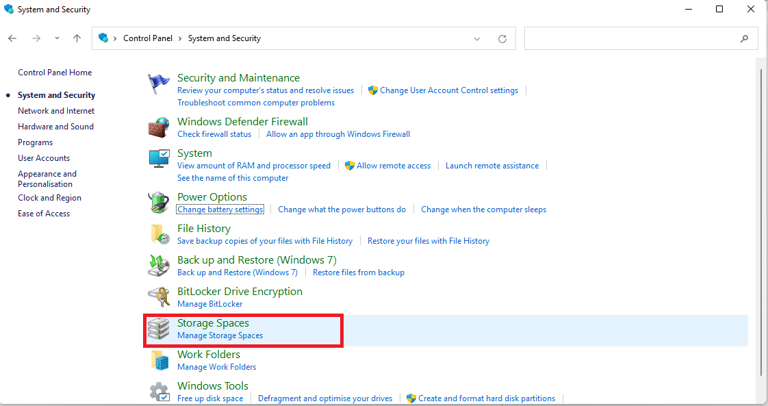 Click on Storage Spaces